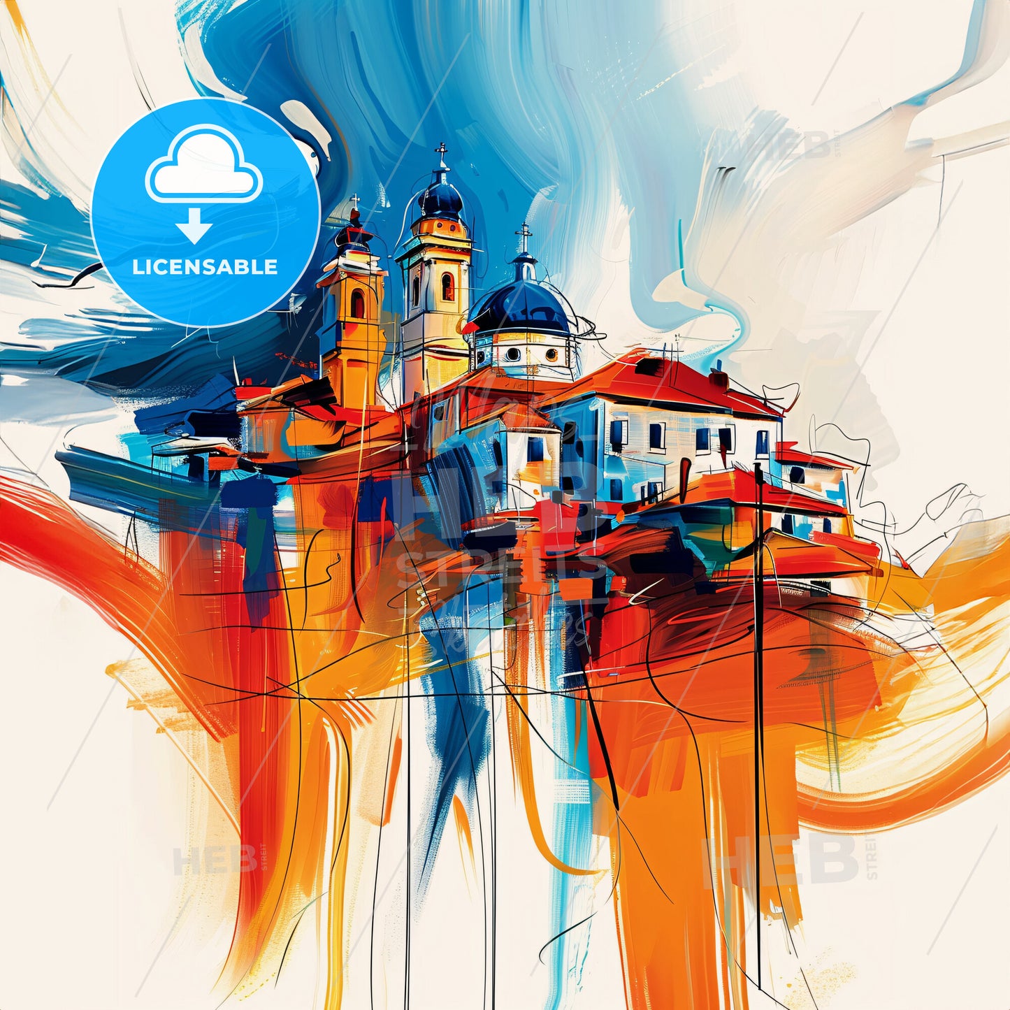 Vibrant Nikšić, Montenegro - A Painting Of A Building With Towers And A Blue And Orange Sky
