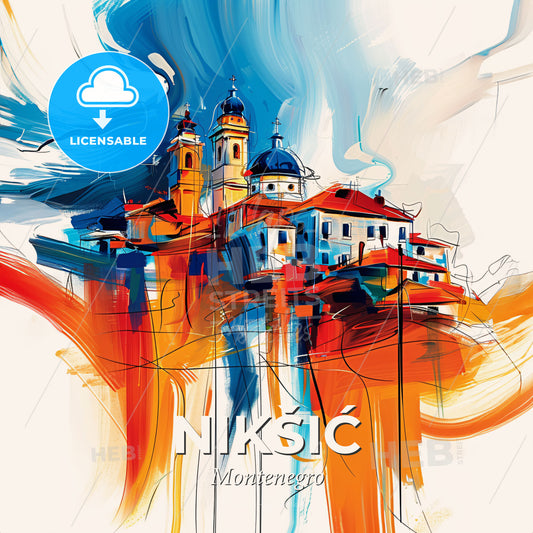 Vibrant Nikšić, Montenegro - A Painting Of A Building With Towers And A Blue And Orange Sky - Square format print template