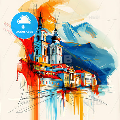 Vibrant Nikšić, Montenegro - A Painting Of A Building With A Mountain In The Background