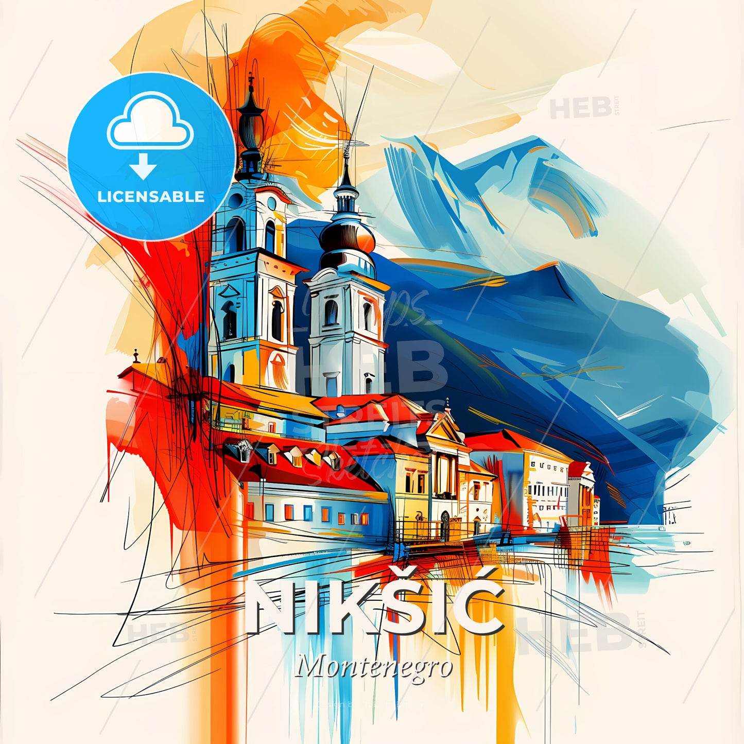Vibrant Nikšić, Montenegro - A Painting Of A Building With A Mountain In The Background - Square format print template