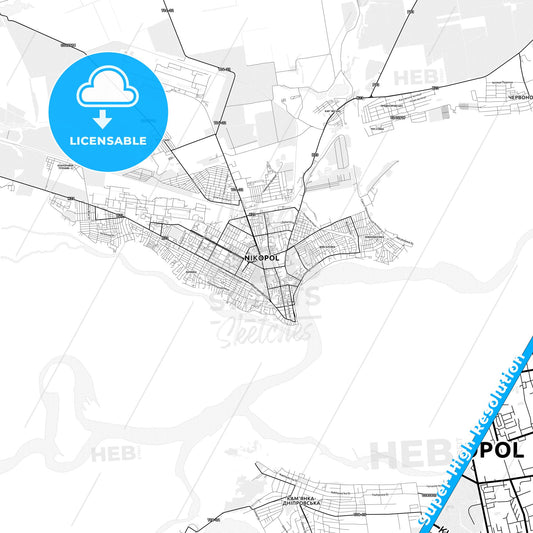 Nikopol, Ukraine light map with streetnames, citynames and districts