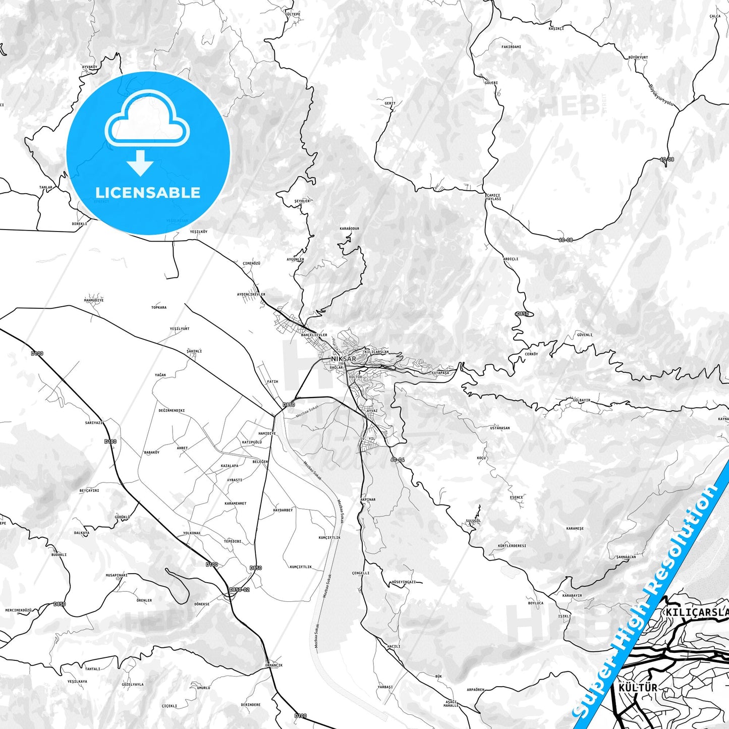 Niksar, Turkey light map with streetnames, citynames and districts