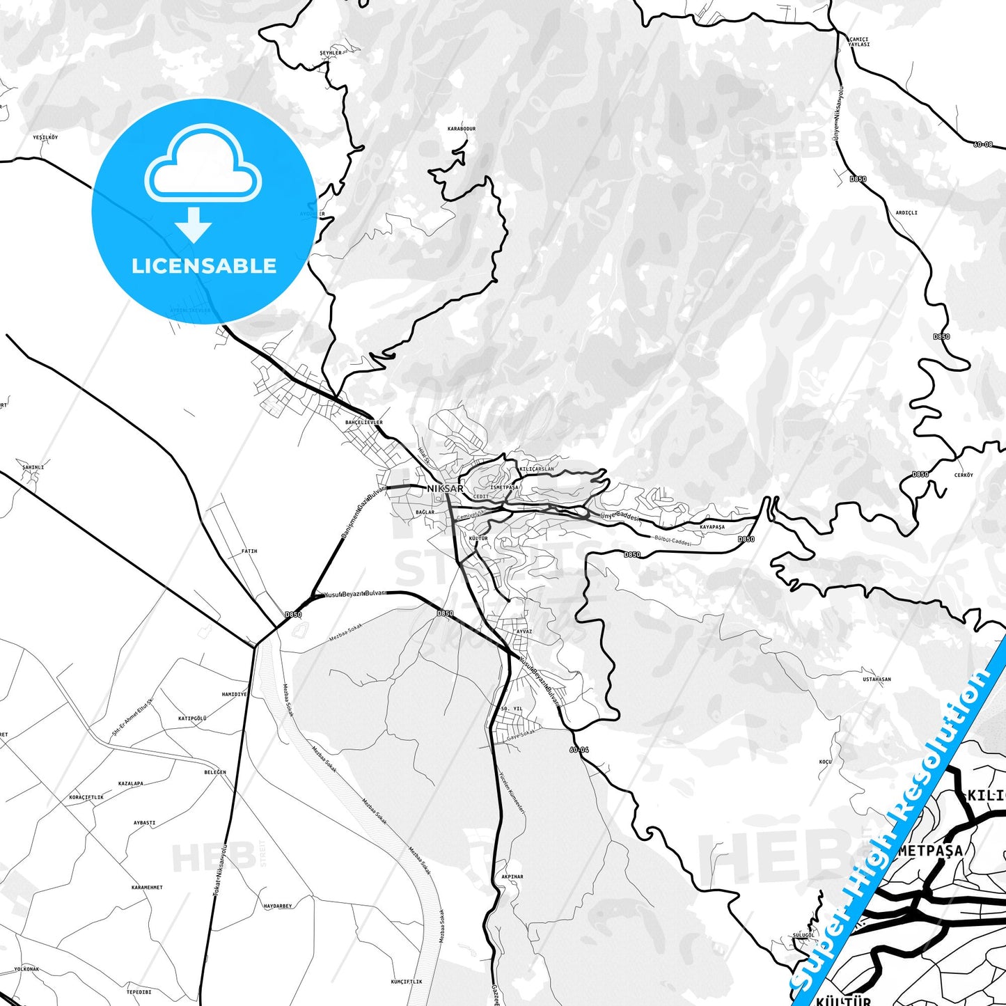 Niksar, Turkey Light Map with Street Names, City Names, and Districts