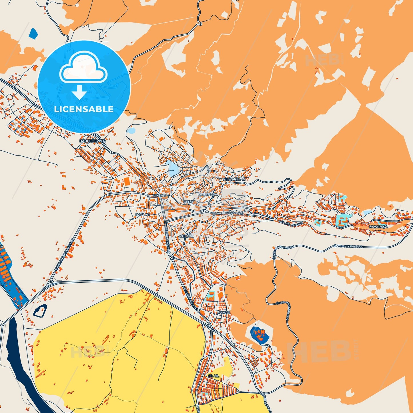 Colorful Niksar Street Map with Labels and Buildings