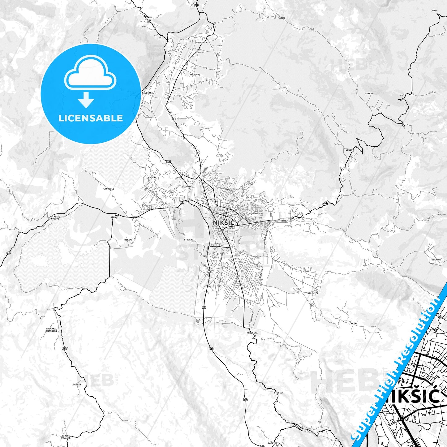 Nikšić, Montenegro light map with streetnames, citynames and districts