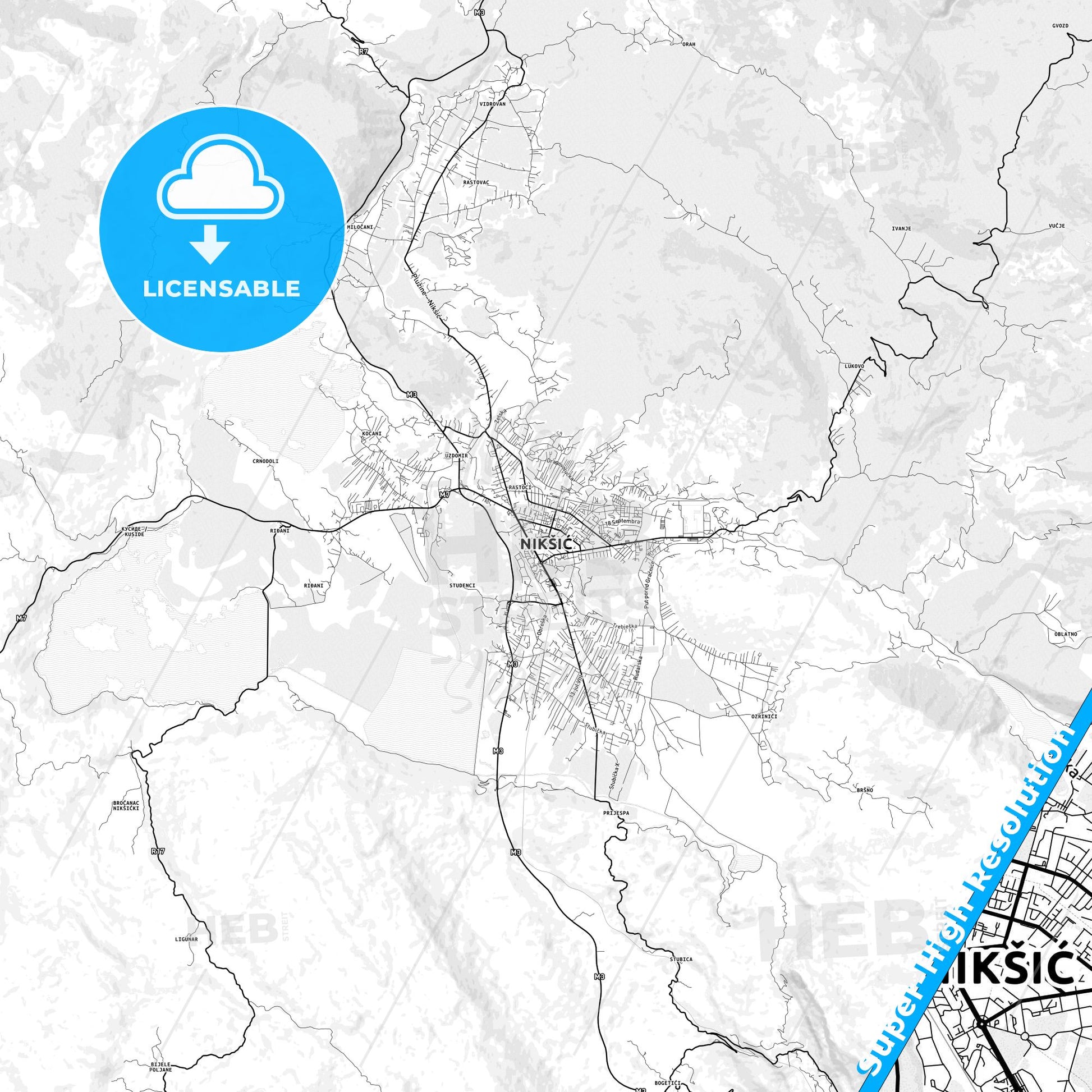 Nikšić, Montenegro light map with streetnames, citynames and districts