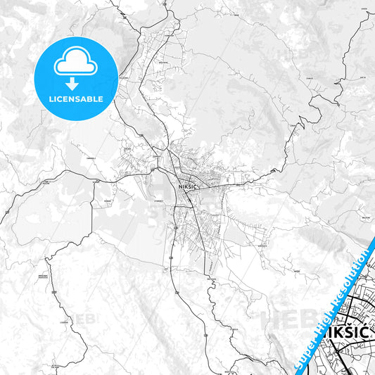 Nikšić, Montenegro light map with streetnames, citynames and districts