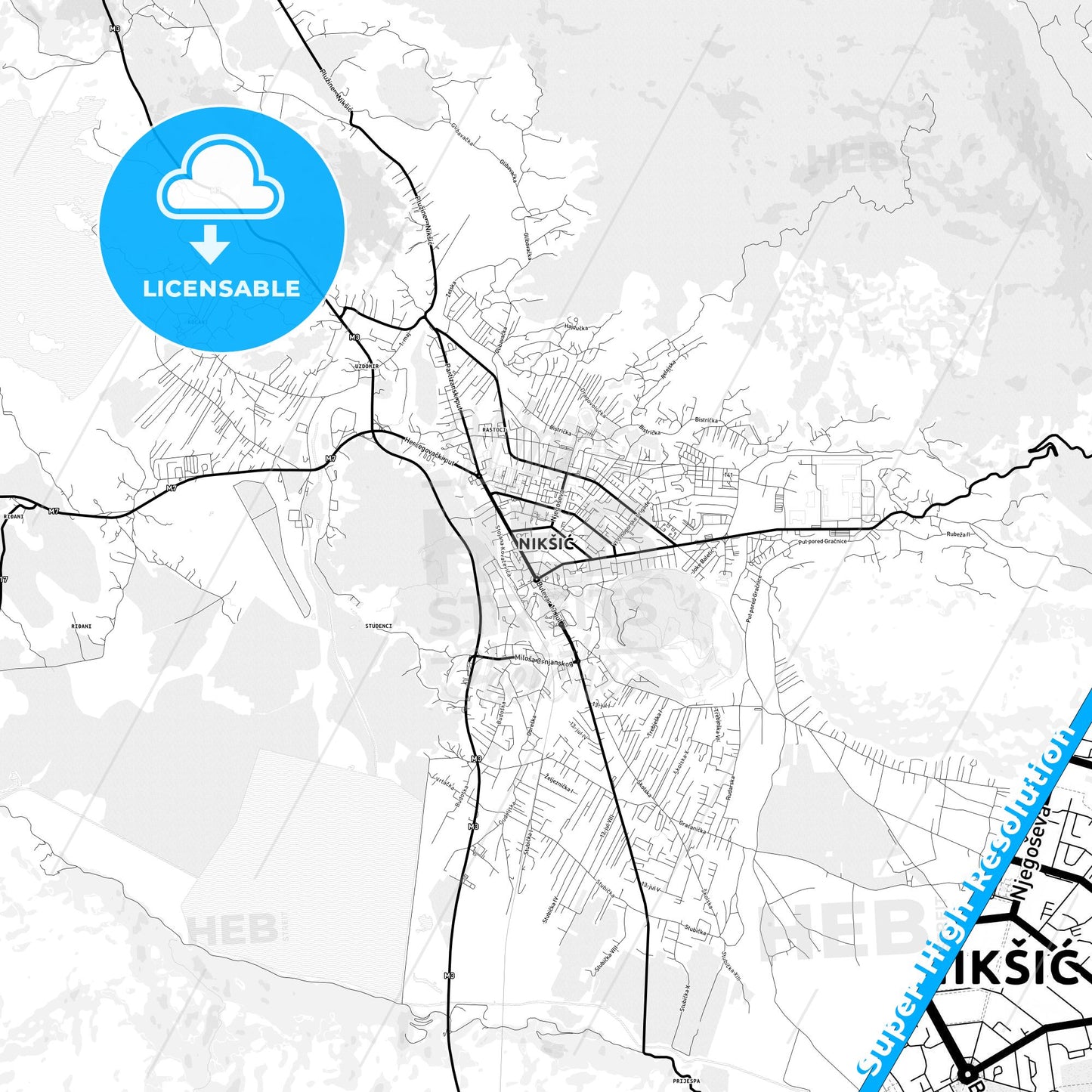 Nikšić, Montenegro Light Map with Street Names, City Names, and Districts