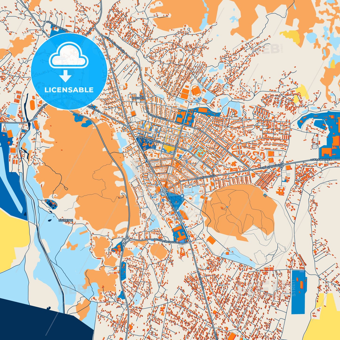Colorful Nikšić Street Map with Labels and Buildings