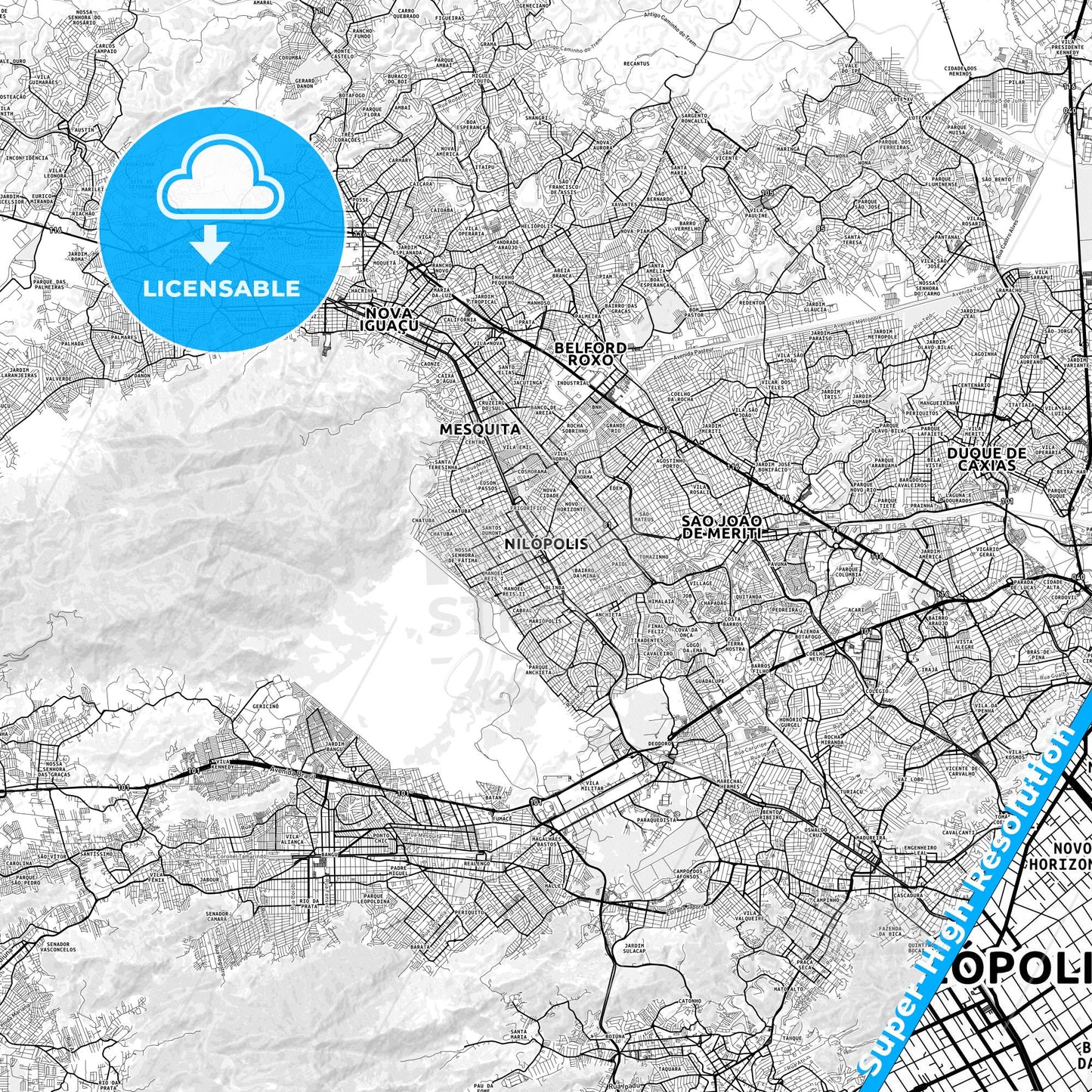 Nilopolis, Brazil light map with streetnames, citynames and districts