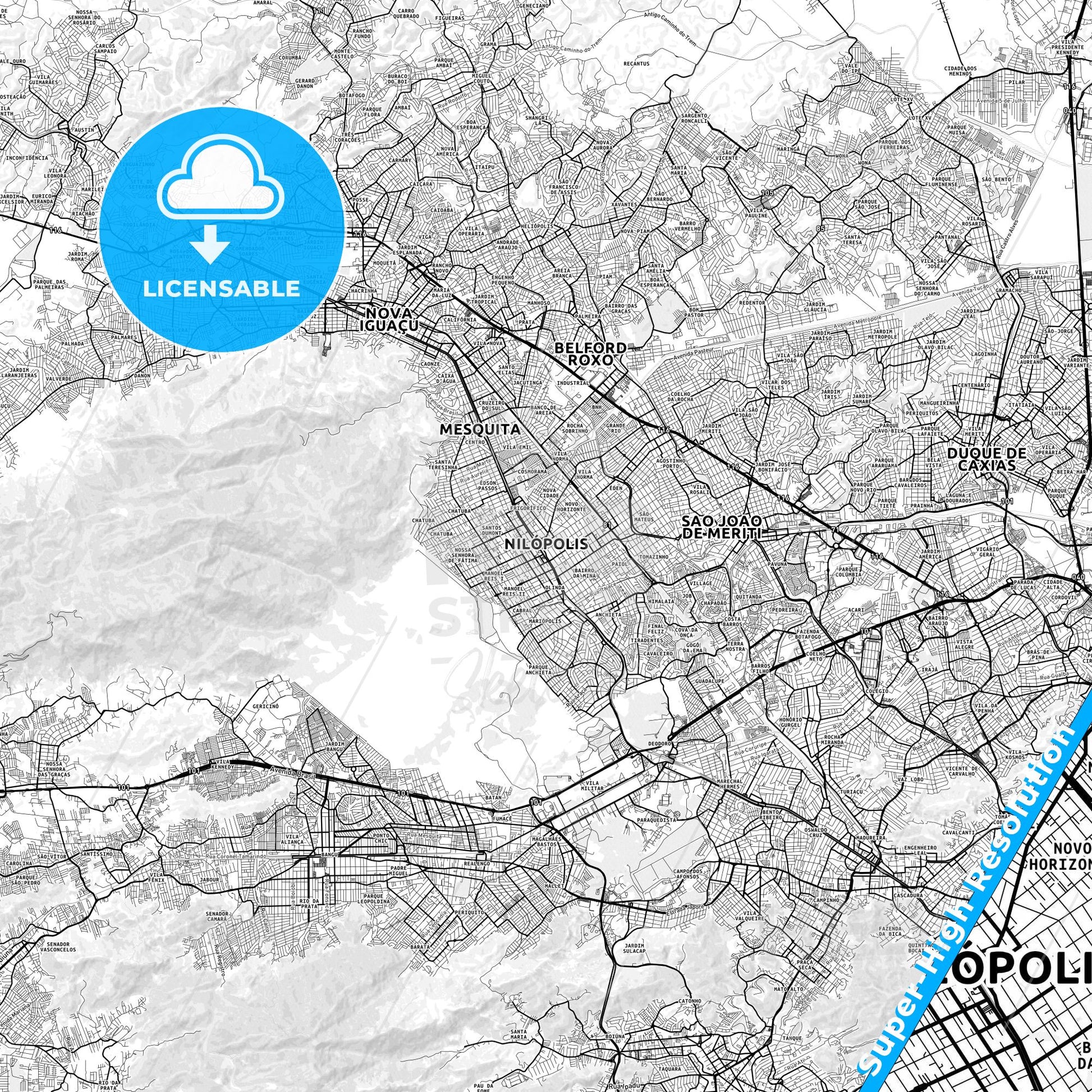 Nilopolis, Brazil light map with streetnames, citynames and districts