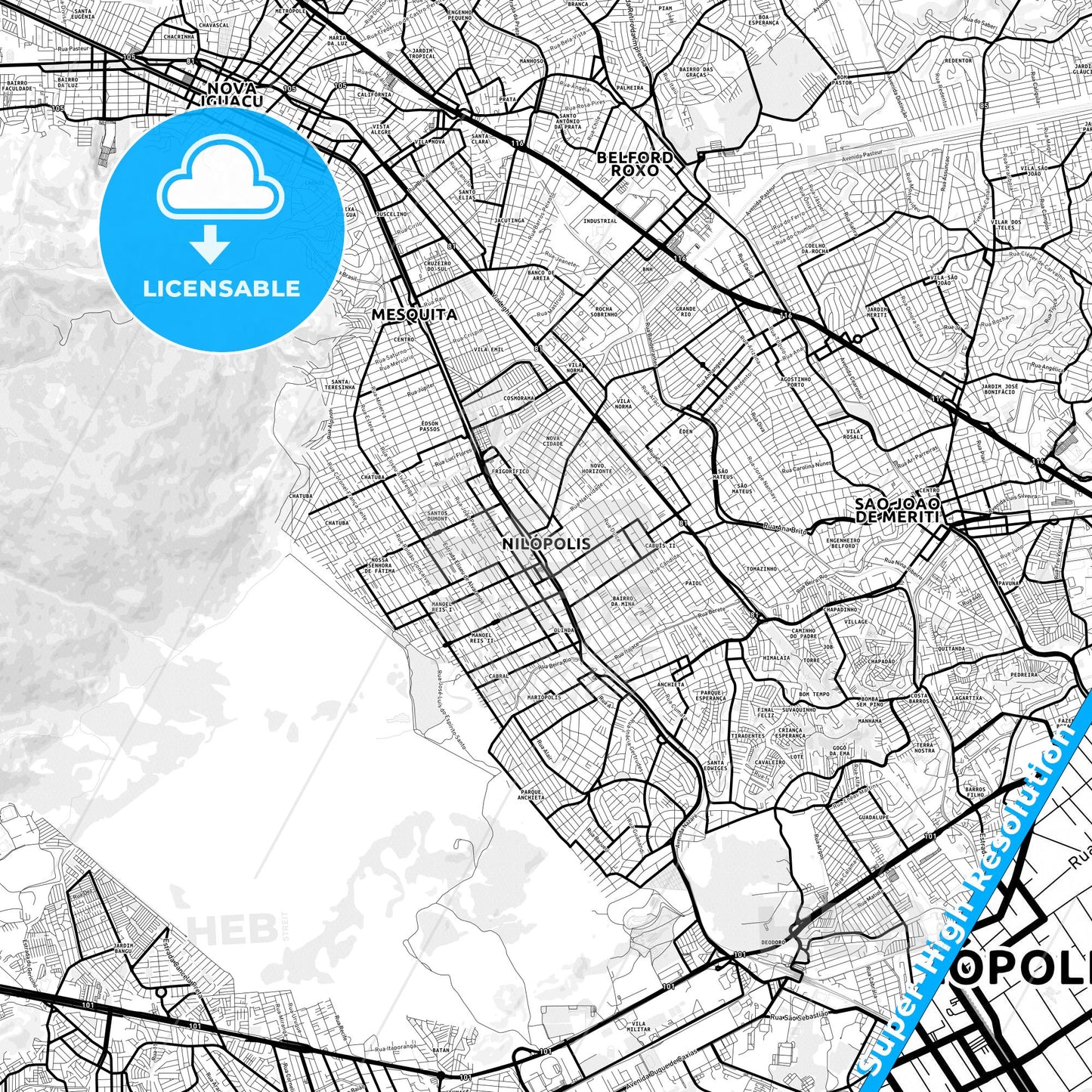 Nilopolis, Brazil Light Map with Street Names, City Names, and Districts