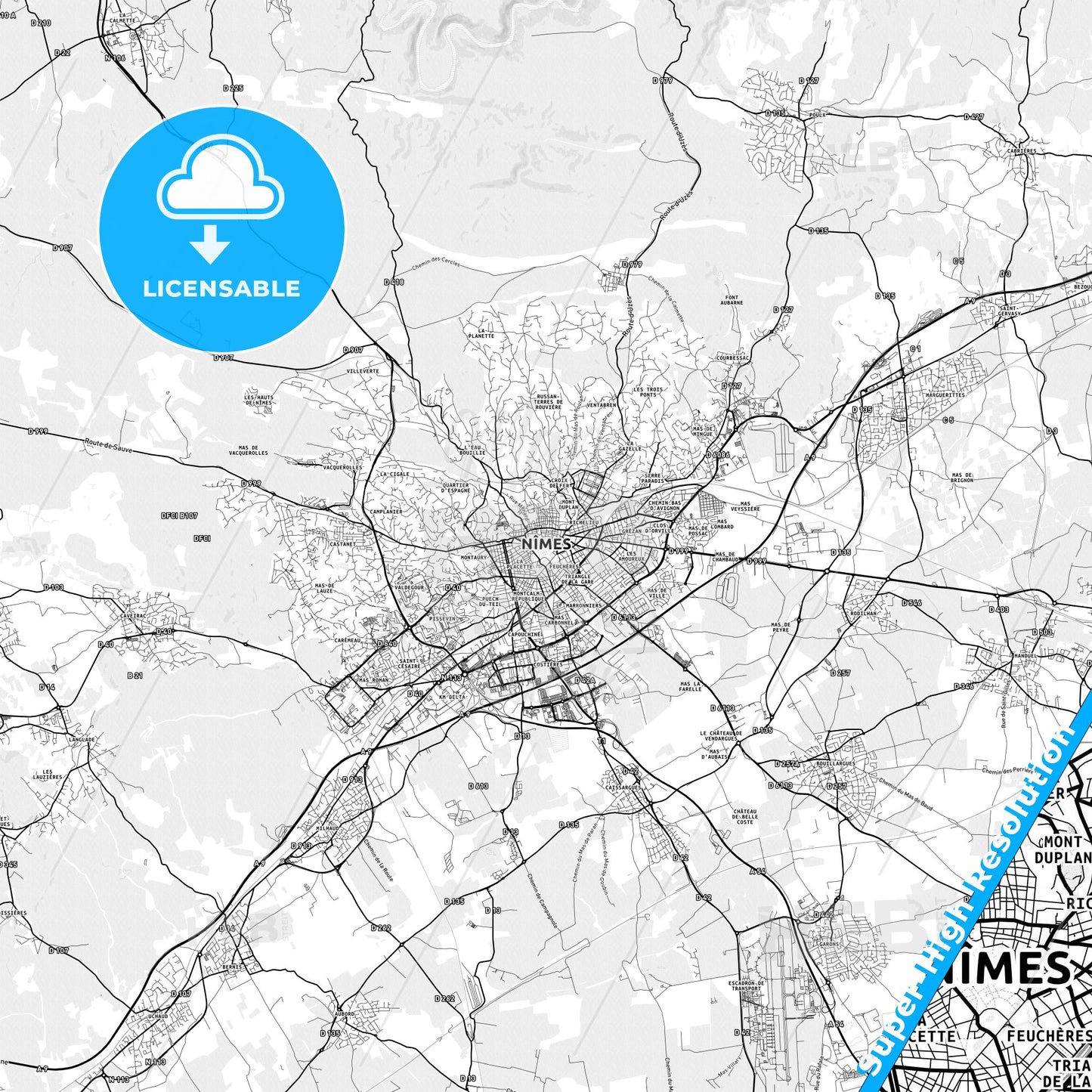 Nîmes, France light map with streetnames, citynames and districts
