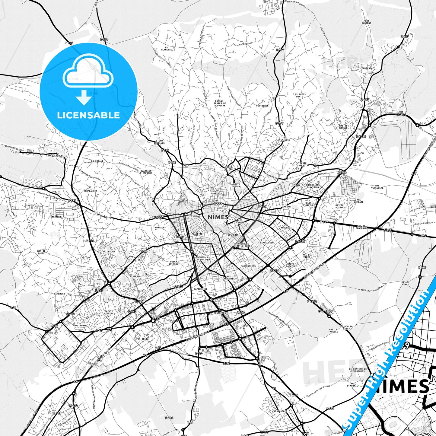 Nîmes, France Light Map with Street Names, City Names, and Districts
