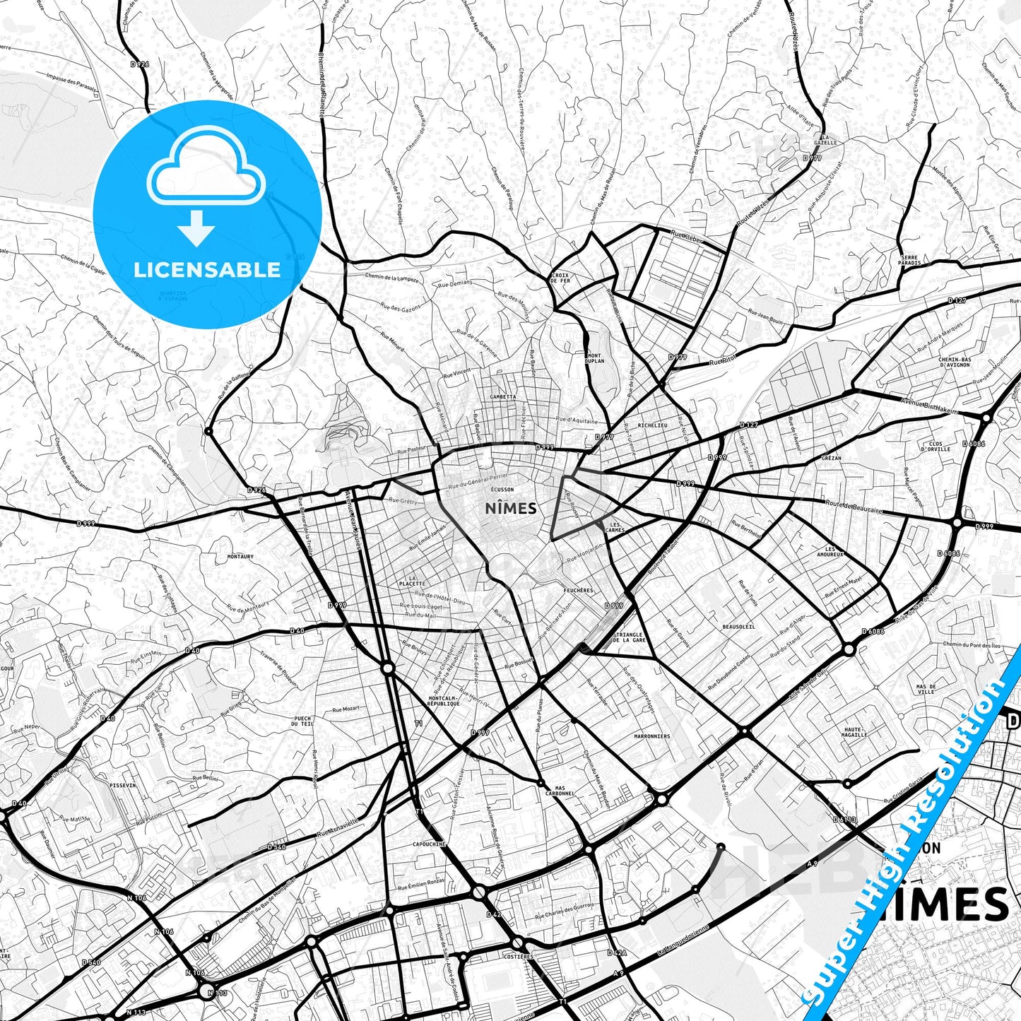 Nîmes, France Light Map with Street Names, City Names, and Districts