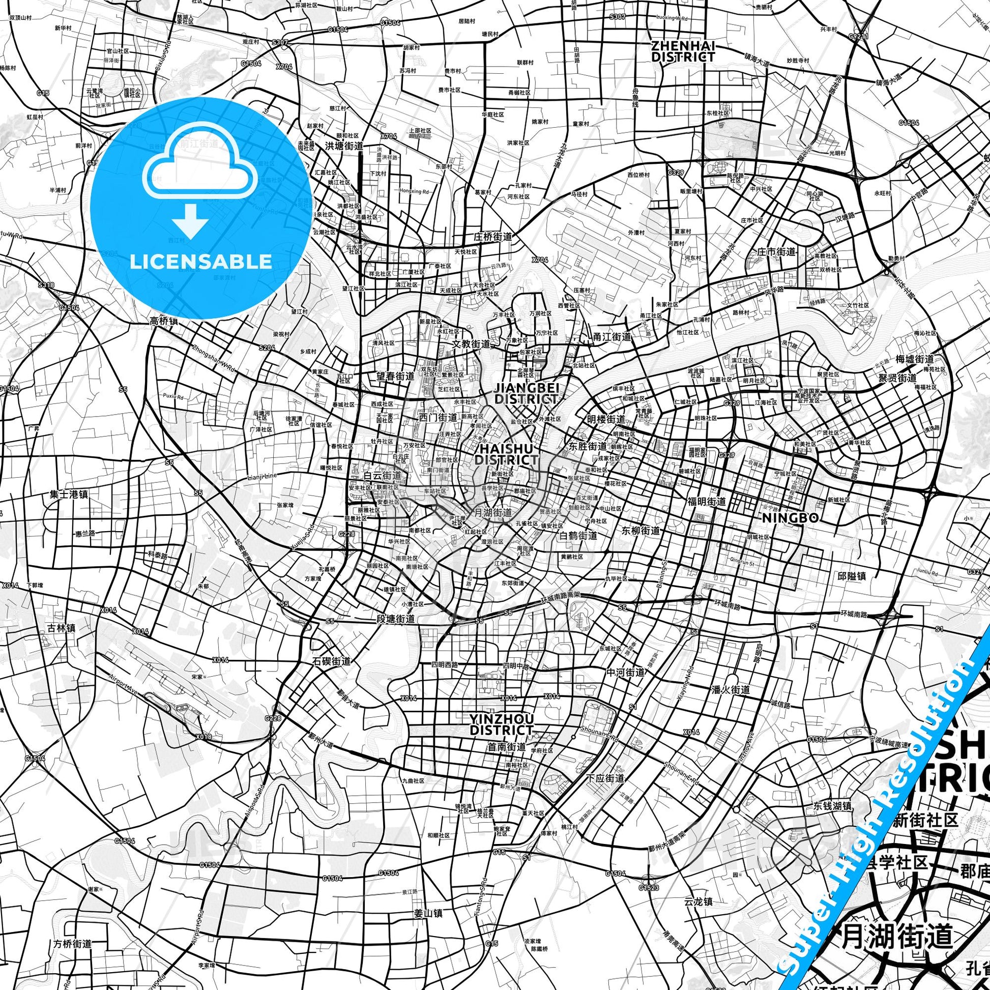 Ningbo, China light map with streetnames, citynames and districts