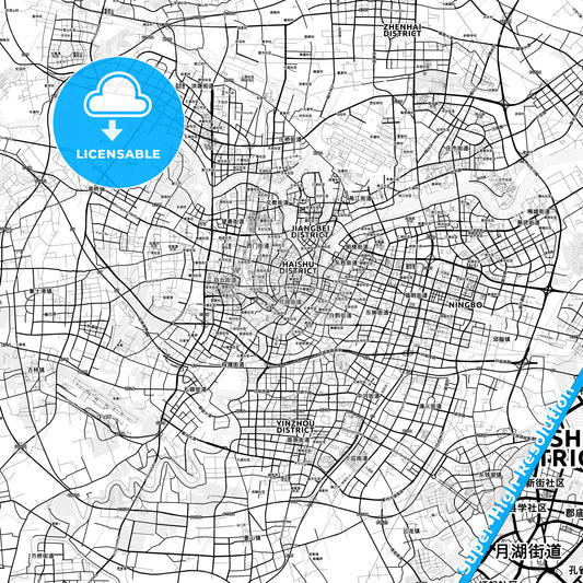 Ningbo, China light map with streetnames, citynames and districts