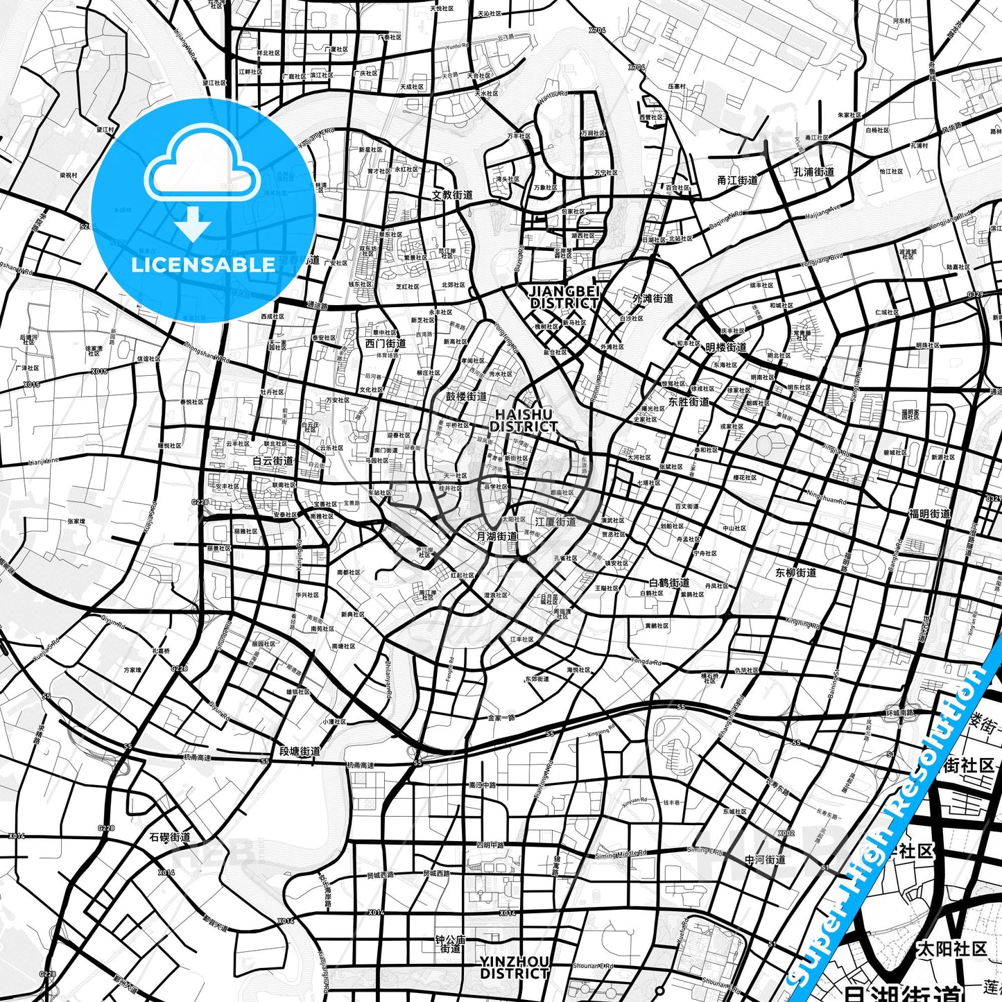 Ningbo, China Light Map with Street Names, City Names, and Districts