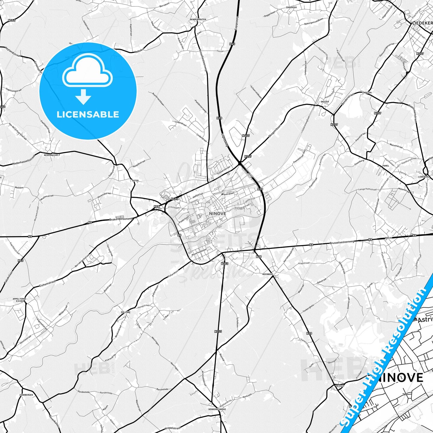 Ninove, Belgium Light Map with Street Names, City Names, and Districts