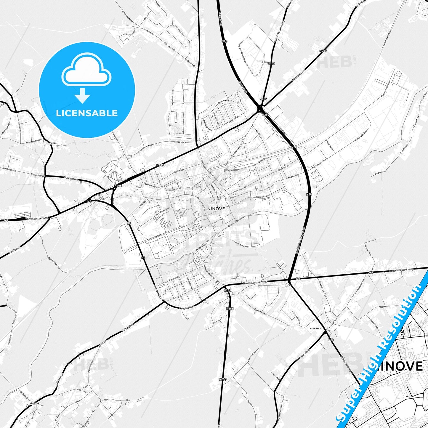 Ninove, Belgium Light Map with Street Names, City Names, and Districts