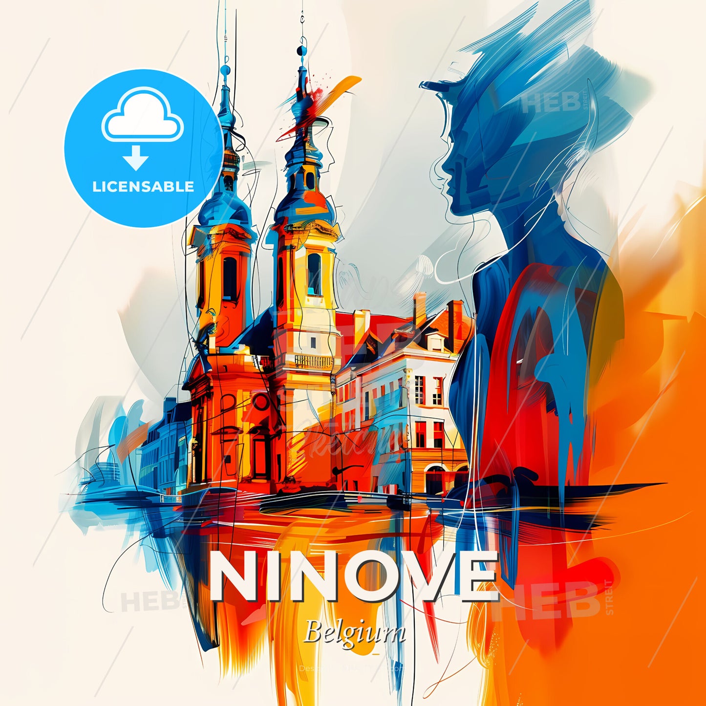 Vibrant Ninove, Belgium - A Painting Of A Building And A Woman - Square format print template