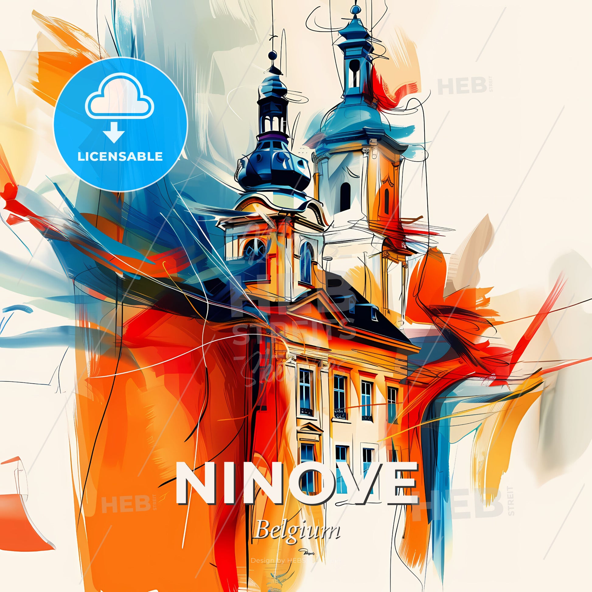 Vibrant Ninove, Belgium - A Painting Of A Building With A Colorful Background - Square format print template