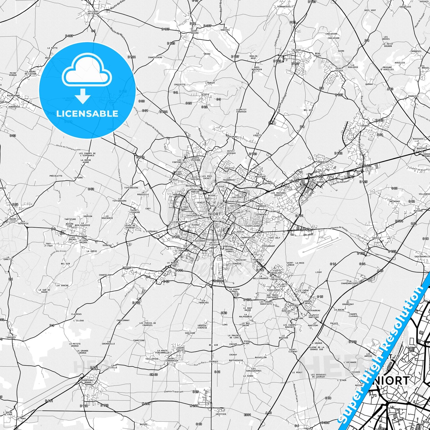 Niort, France light map with streetnames, citynames and districts