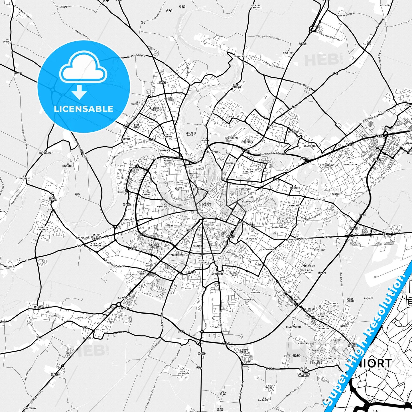 Niort, France Light Map with Street Names, City Names, and Districts