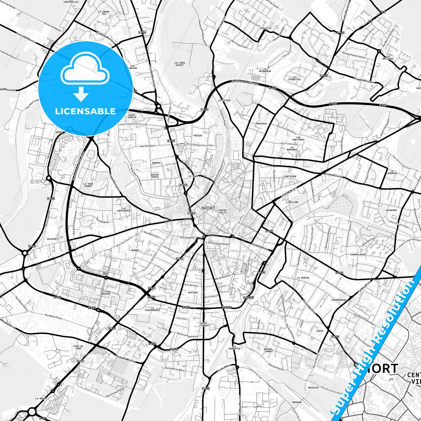 Niort, France Light Map with Street Names, City Names, and Districts