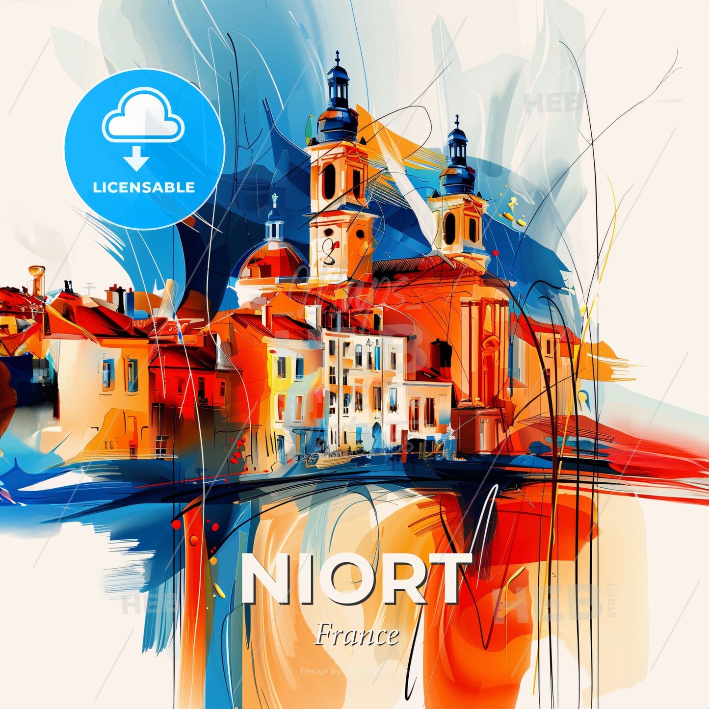 Vibrant Niort, France - A Painting Of A Building With Towers - Square format print template