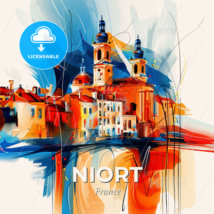 Vibrant Niort, France - A Painting Of A Building With Towers - Square format print template