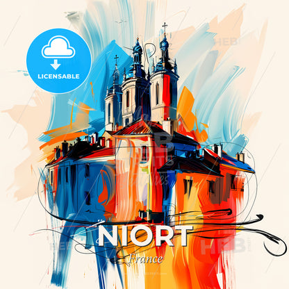 Vibrant Niort, France - A Painting Of A Building With Towers - Square format print template