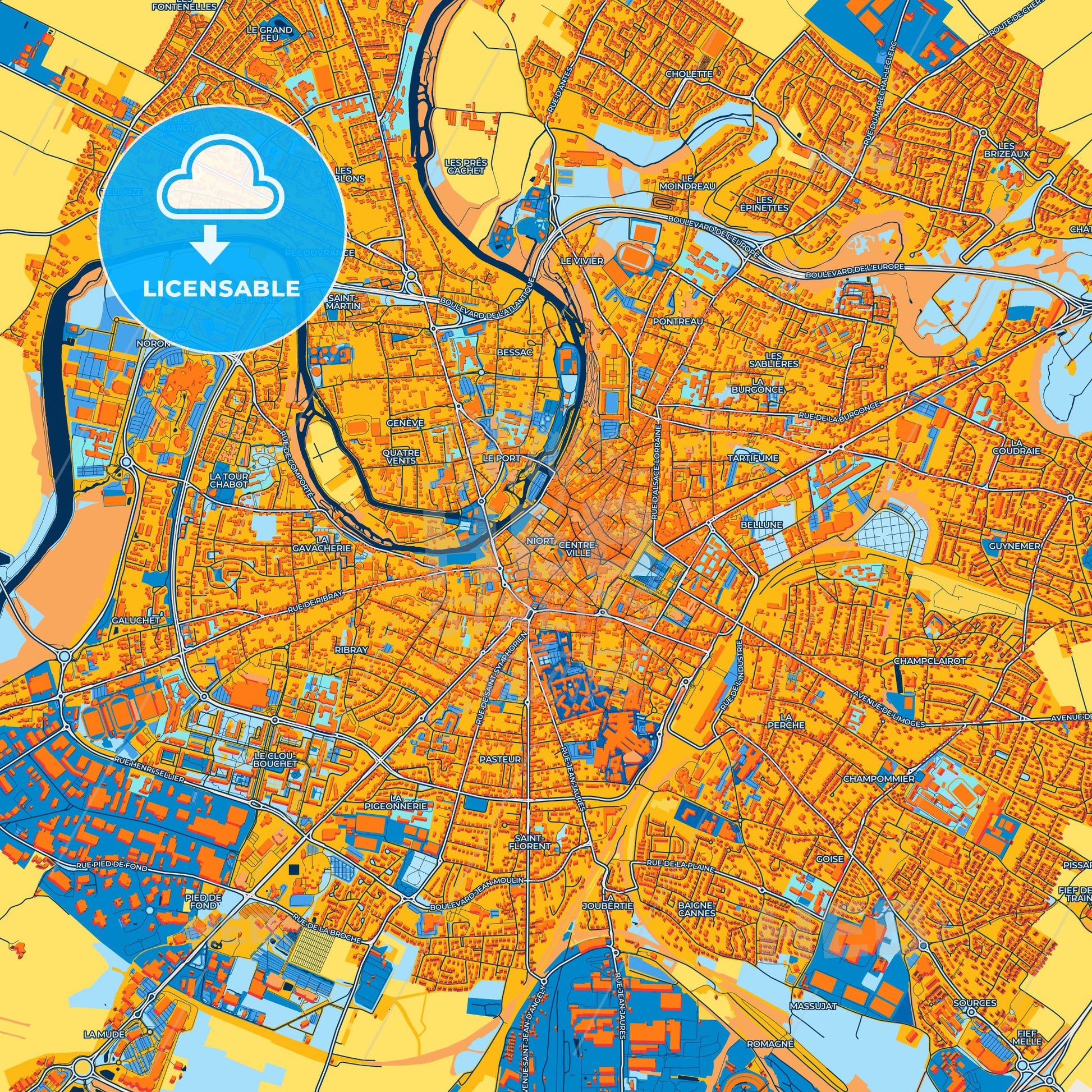 Colorful Niort Street Map with Labels and Buildings