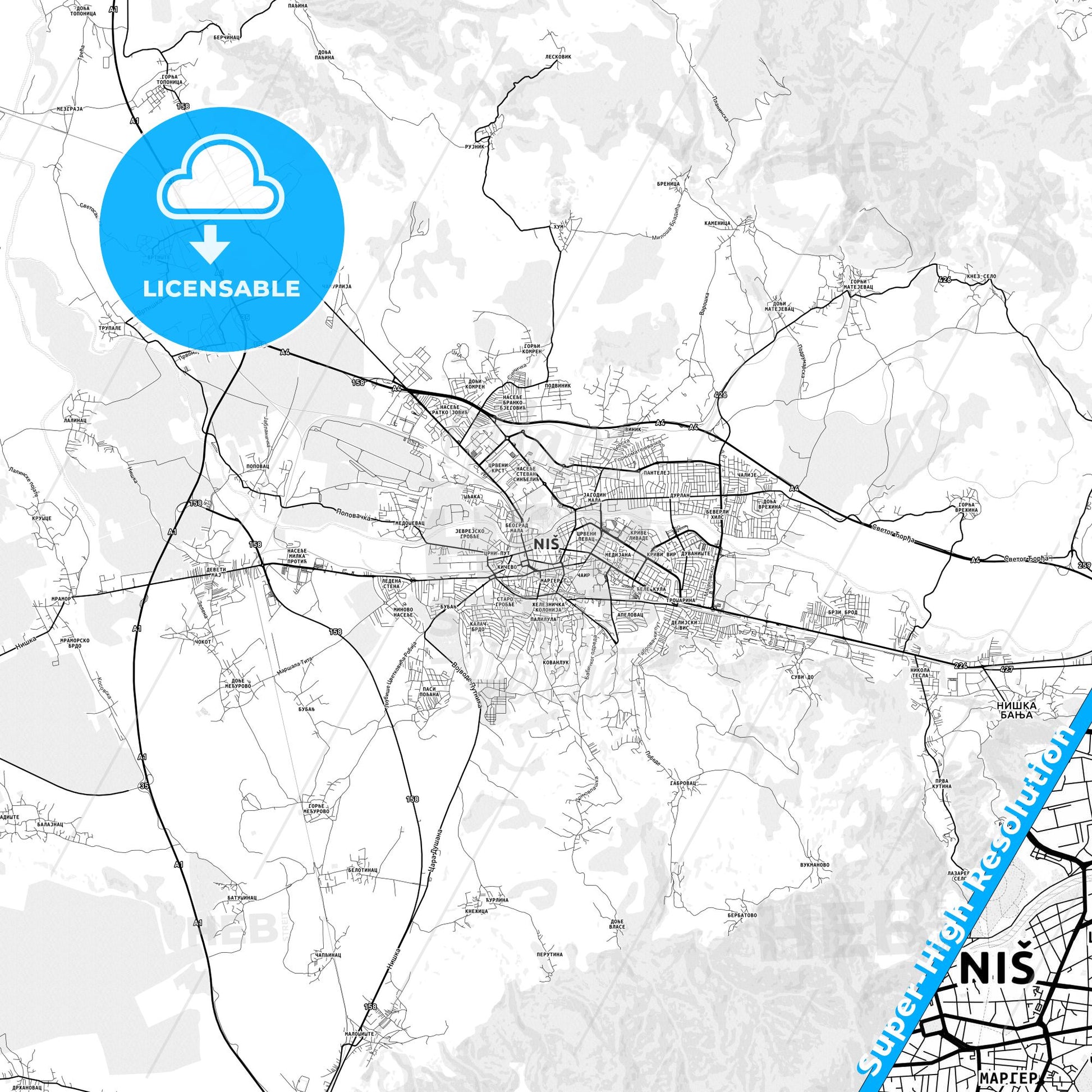 Niš, Serbia light map with streetnames, citynames and districts
