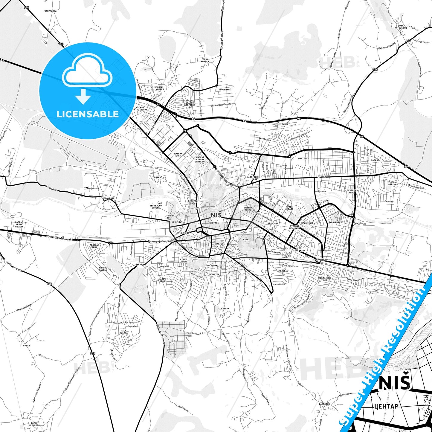 Niš, Serbia Light Map with Street Names, City Names, and Districts