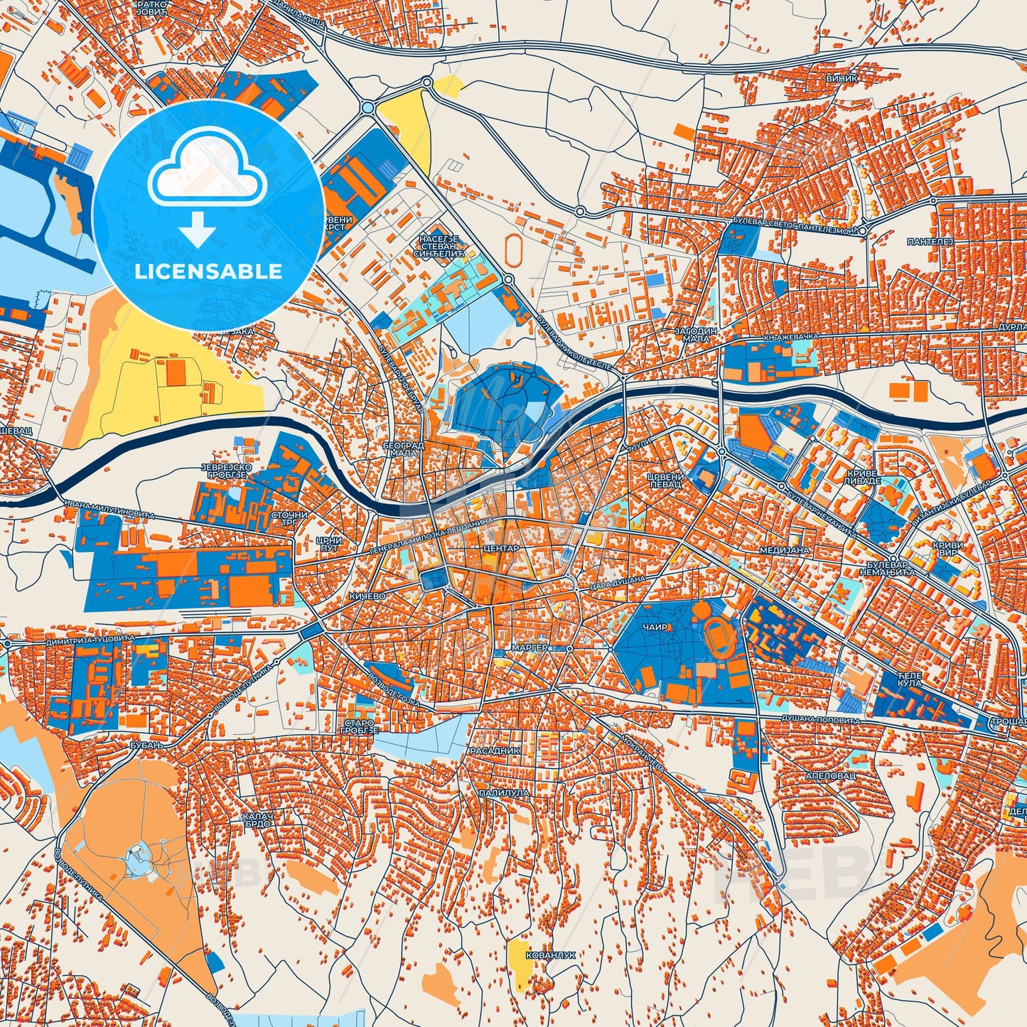 Colorful Niš Street Map with Labels and Buildings