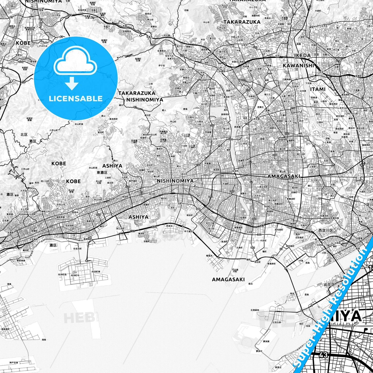 Nishinomiya, Japan light map with streetnames, citynames and districts