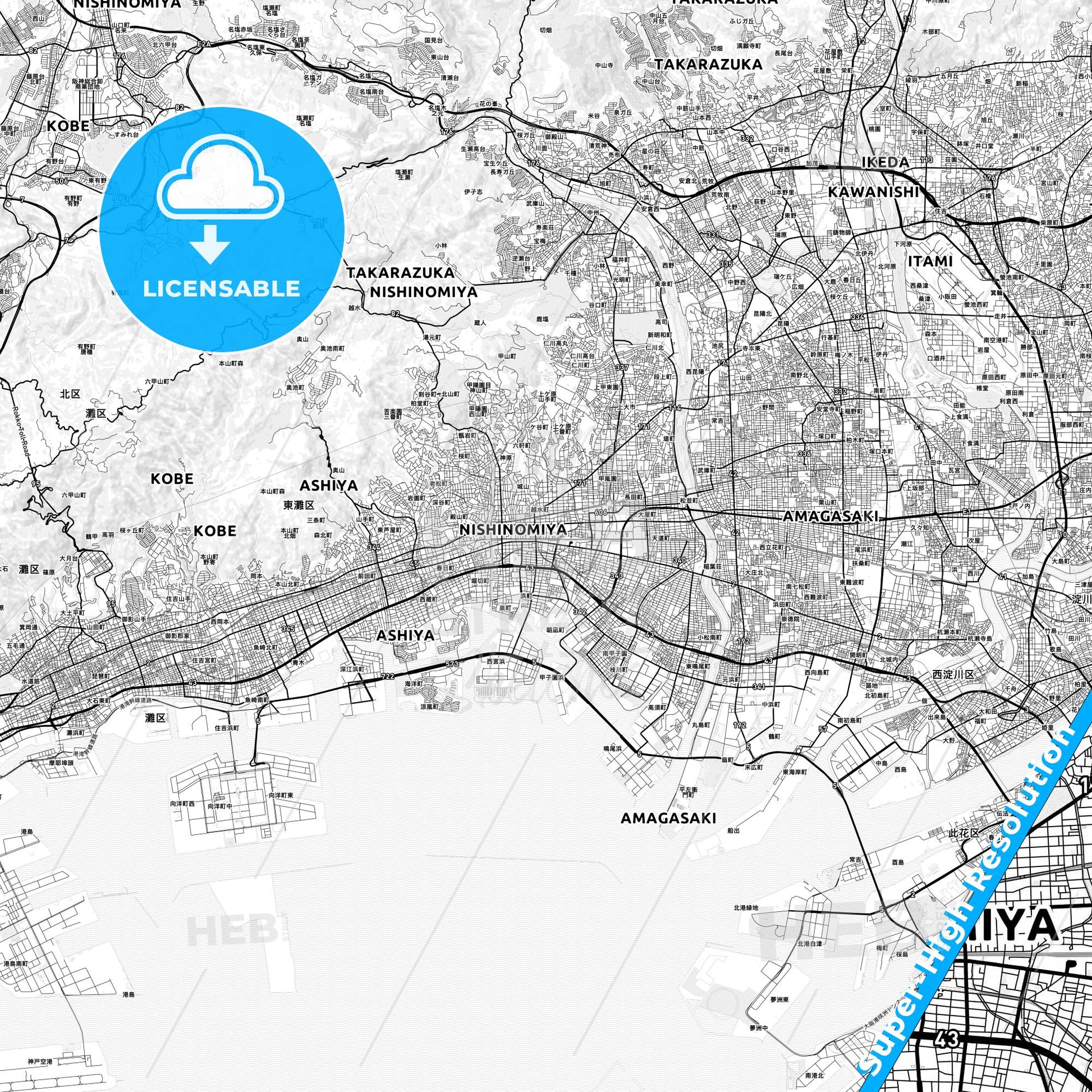 Nishinomiya, Japan light map with streetnames, citynames and districts