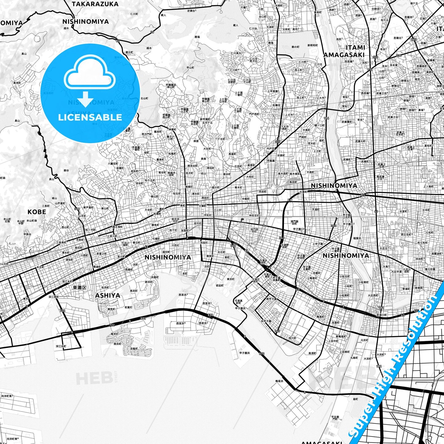 Nishinomiya, Japan Light Map with Street Names, City Names, and Districts