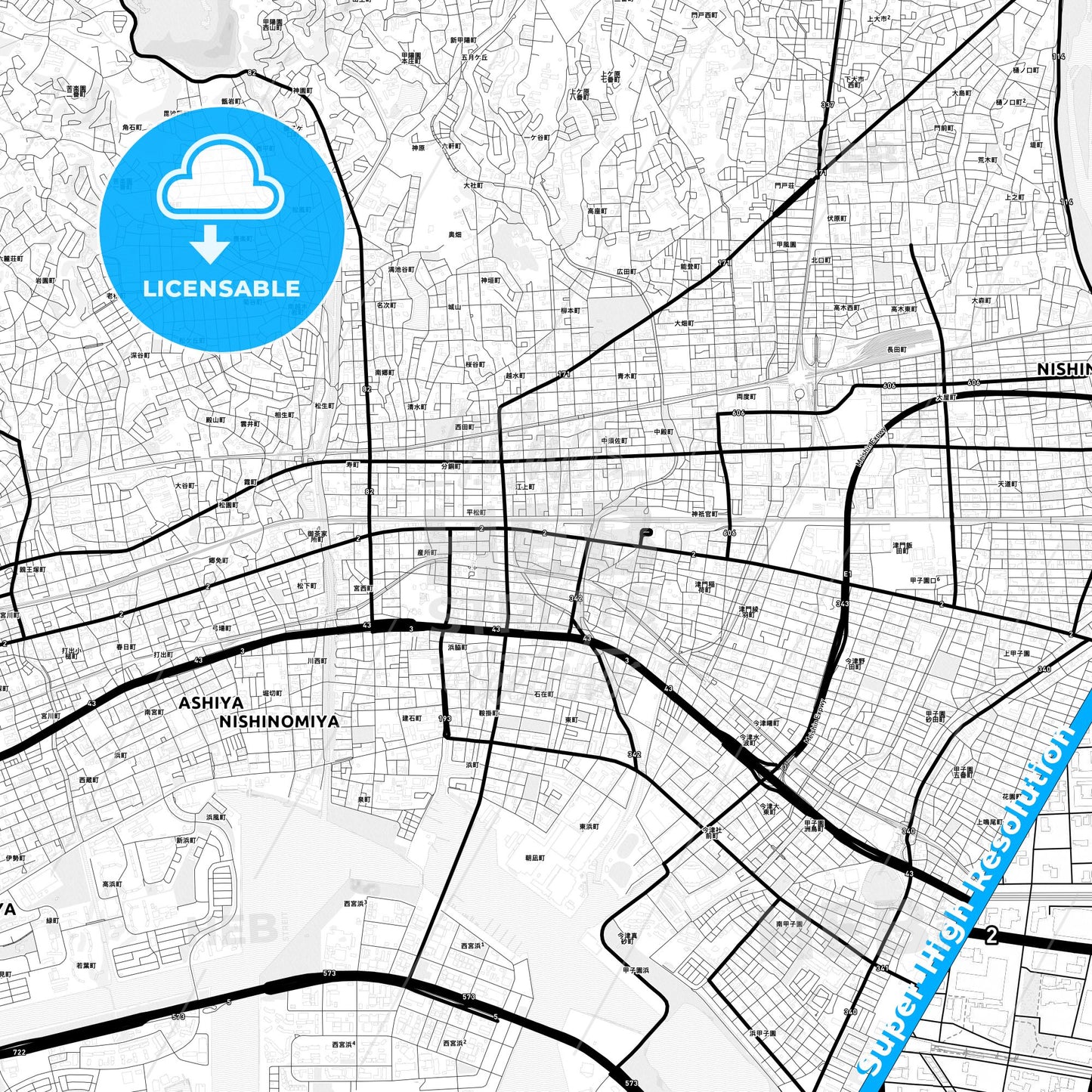 Nishinomiya, Japan Light Map with Street Names, City Names, and Districts