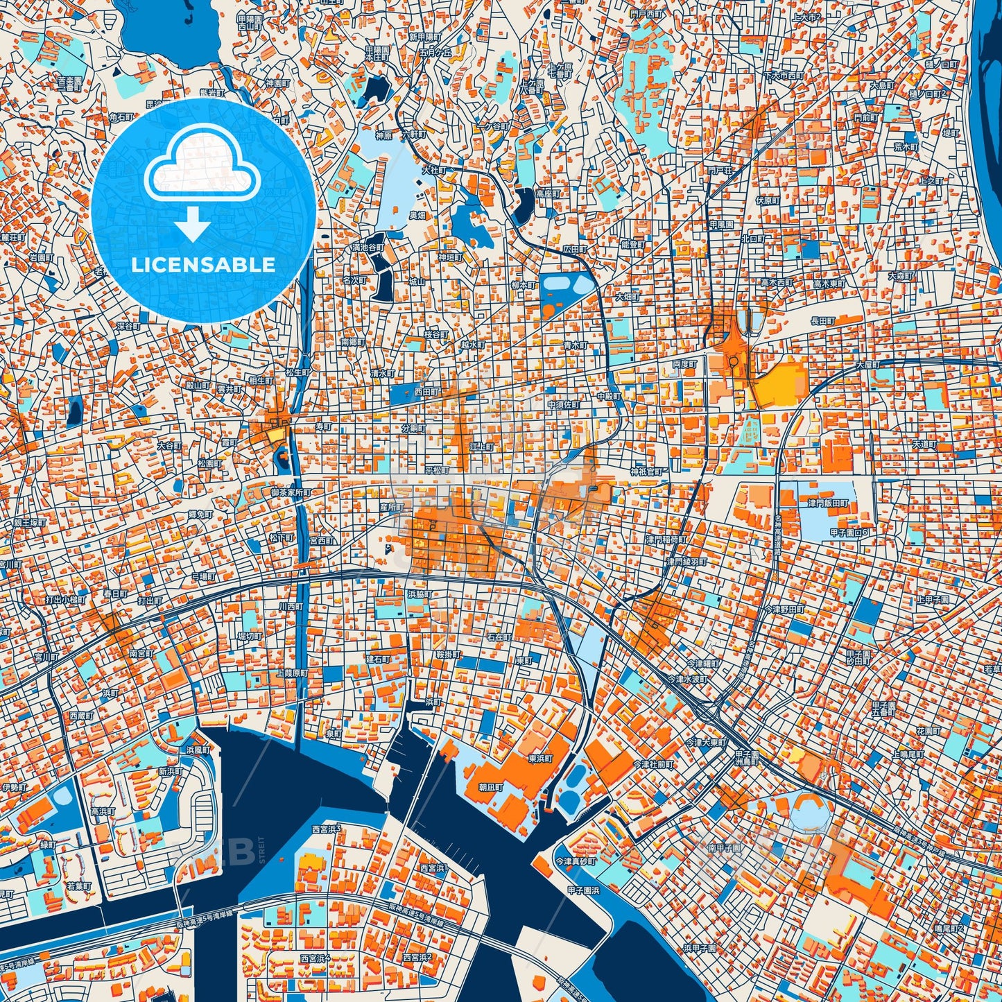 Colorful Nishinomiya Street Map with Labels and Buildings