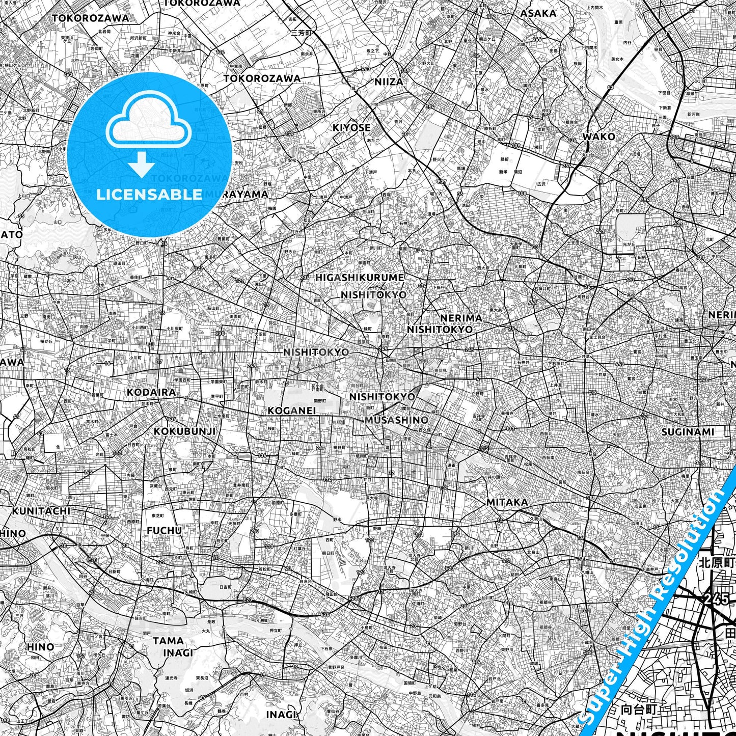 Nishitōkyō, Japan light map with streetnames, citynames and districts