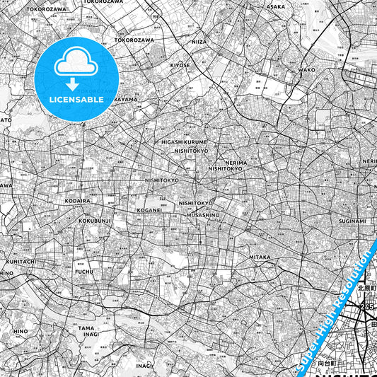 Nishitōkyō, Japan light map with streetnames, citynames and districts