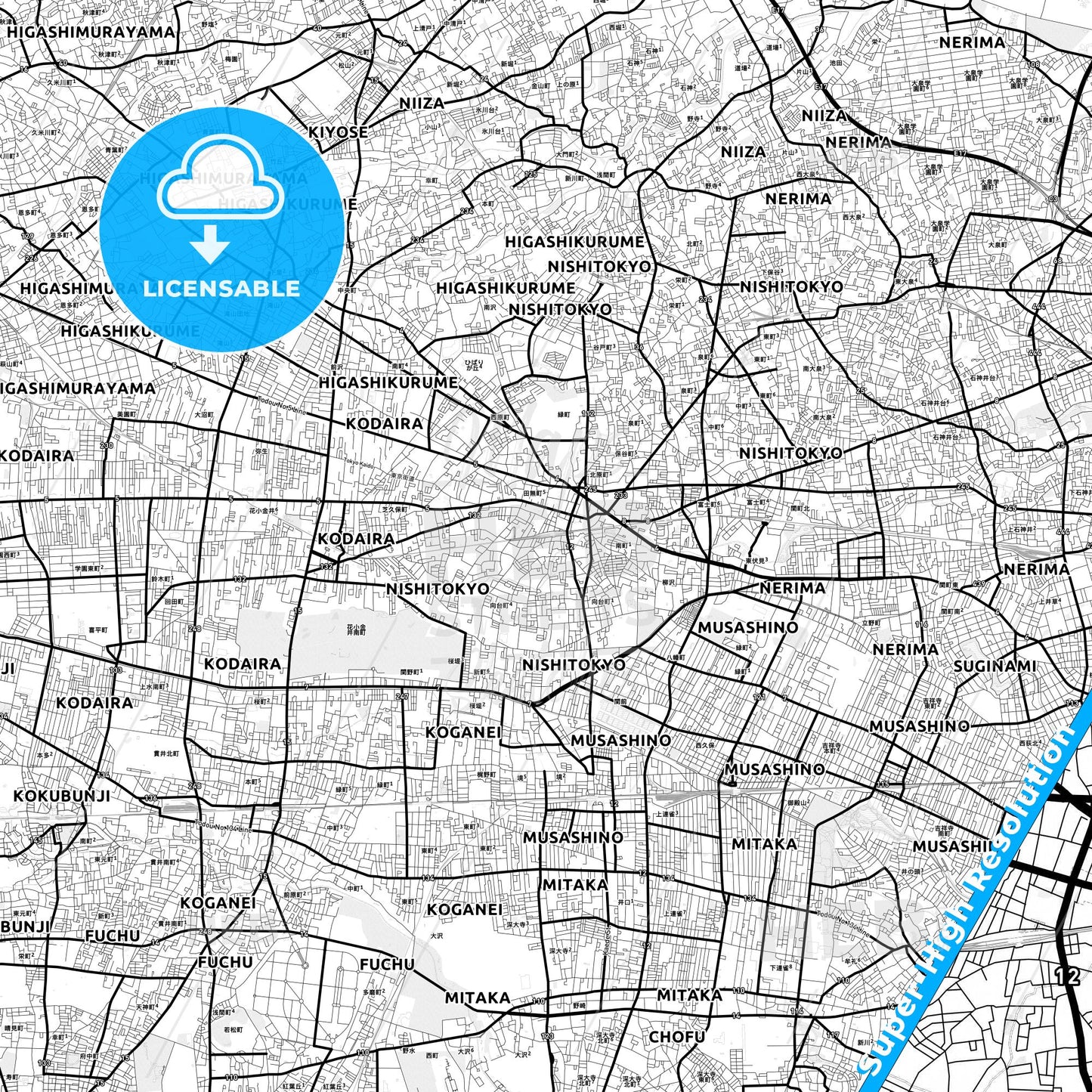 Nishitōkyō, Japan Light Map with Street Names, City Names, and Districts