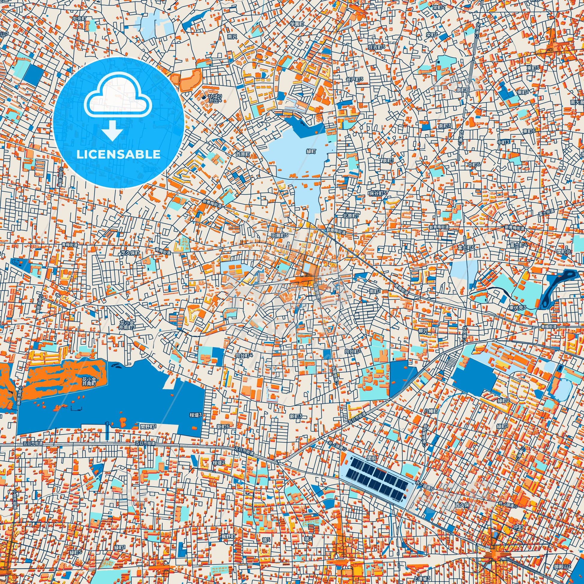 Colorful Nishitōkyō Street Map with Labels and Buildings