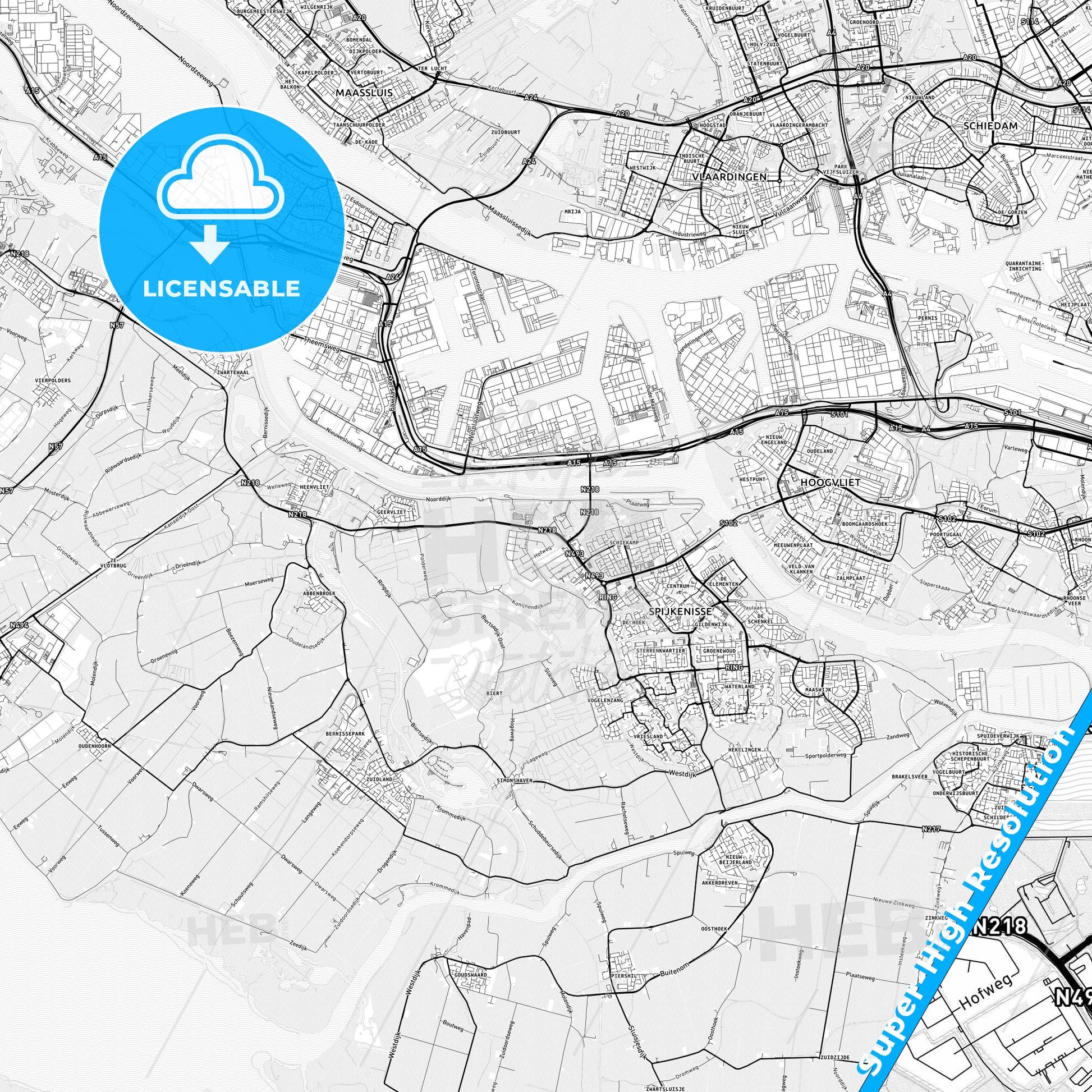 Nissewaard, Netherlands light map with streetnames, citynames and districts