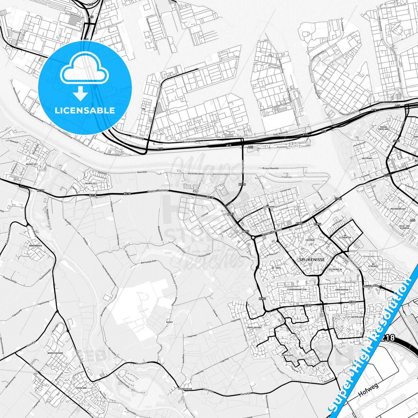 Nissewaard, Netherlands Light Map with Street Names, City Names, and Districts