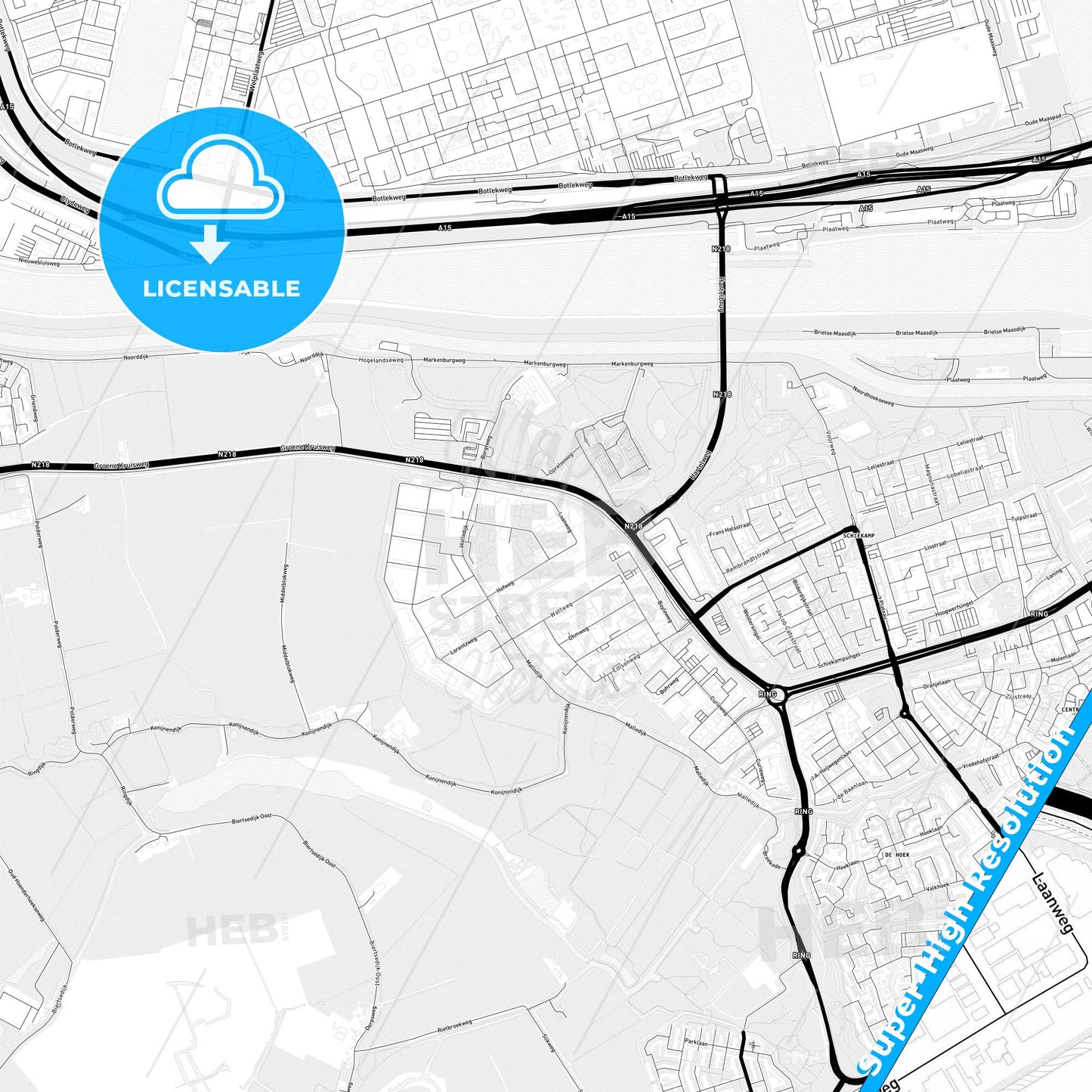 Nissewaard, Netherlands Light Map with Street Names, City Names, and Districts