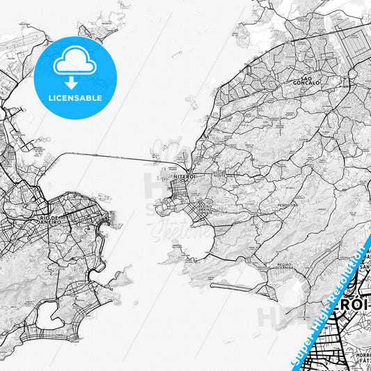 Niteroi, Brazil light map with streetnames, citynames and districts