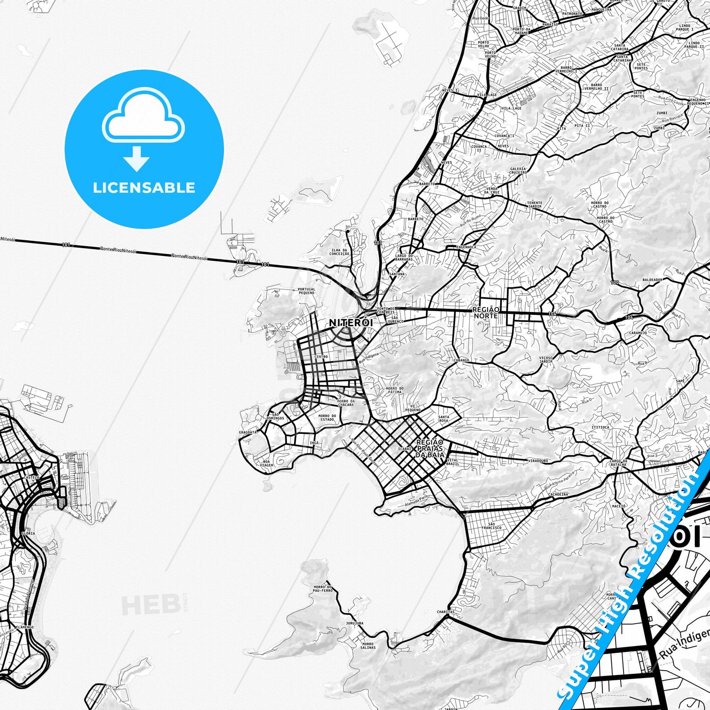 Niteroi, Brazil Light Map with Street Names, City Names, and Districts